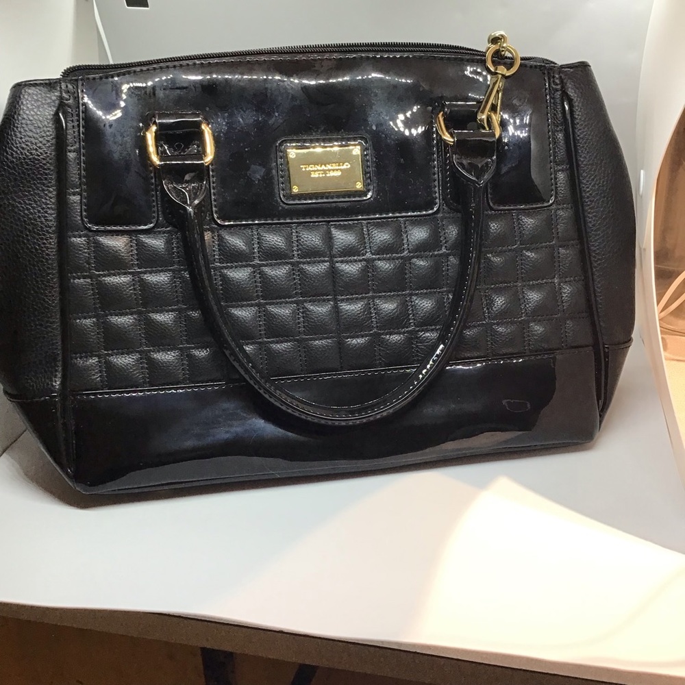 Tignanello Black Purse Handbag gold accent zippers